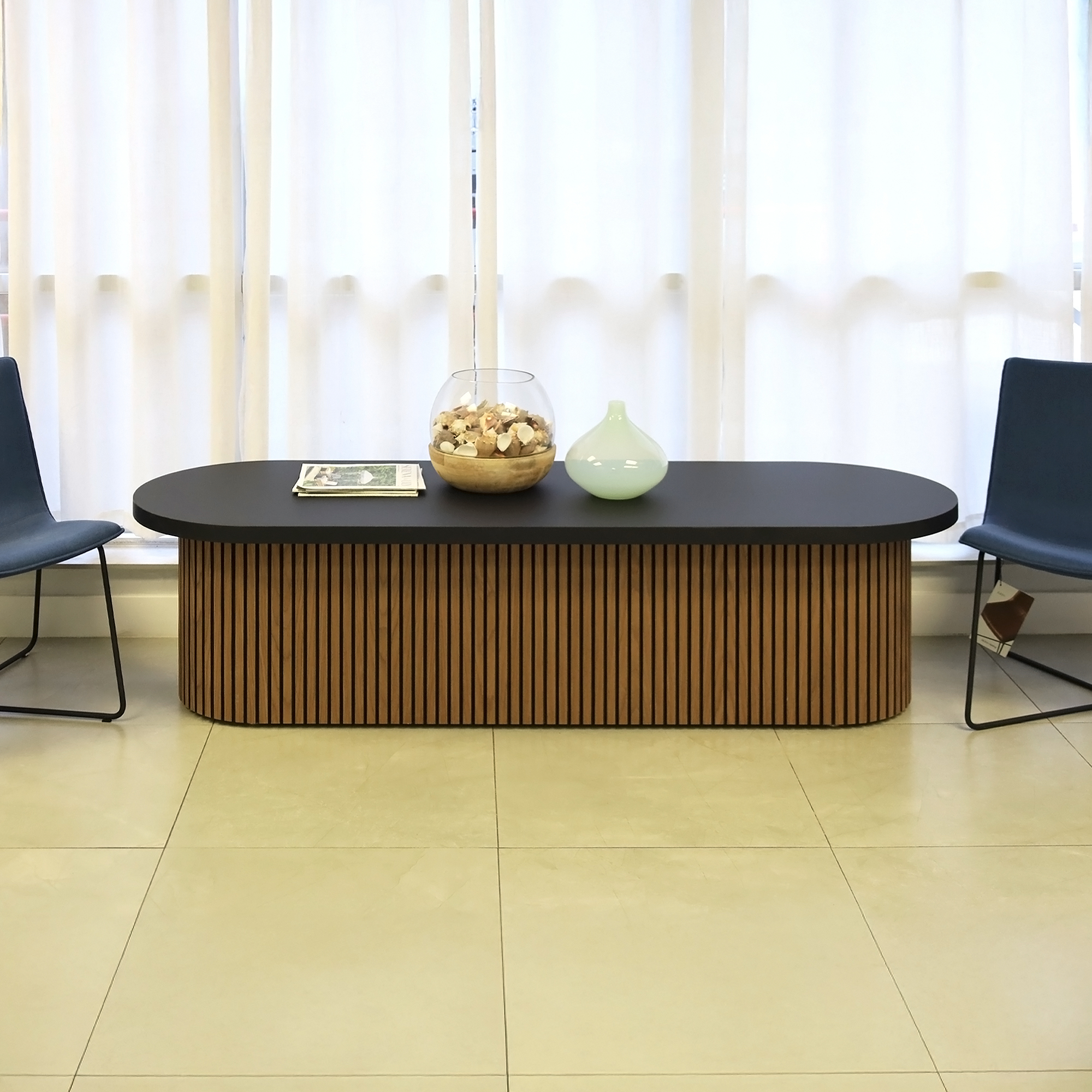 72-inch Custom Pill Bench with Black Traceless Laminate top and American Walnut & Black Background base.
