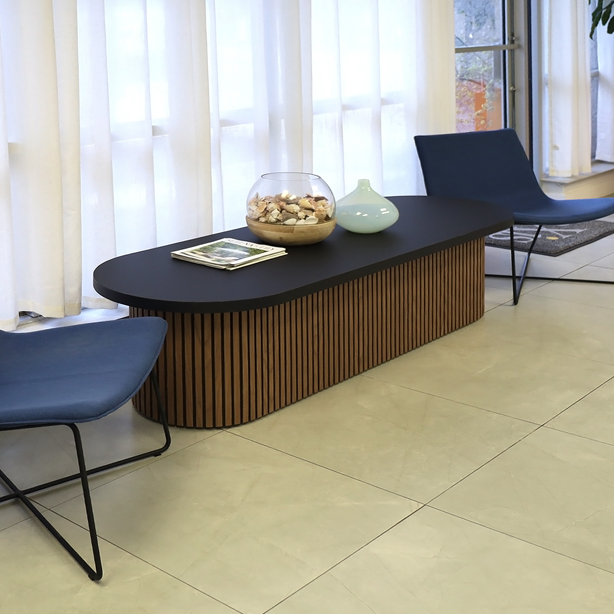 72-inch Custom Pill Bench with Black Traceless Laminate top and American Walnut & Black Background base.