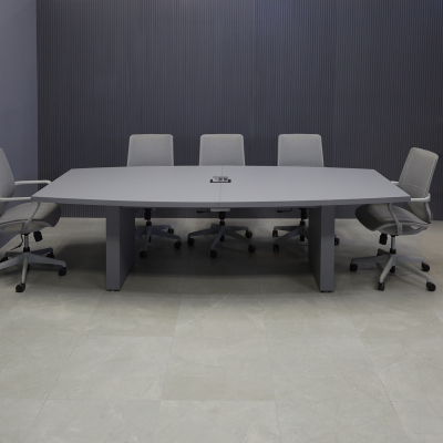 108-inch Newton Boat Shape Conference Table in special gray laminate top and standard base, with black MX2 powerbox, shown here.