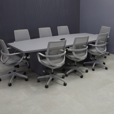 108-inch Newton Boat Shape Conference Table in special gray laminate top and standard base, with black MX2 powerbox, shown here.