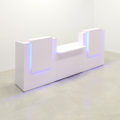 Chicago Double Counter And ADA Compliant Custom Reception Desk in white gloss laminate counters and desk, with multi-colored LED shown here.
