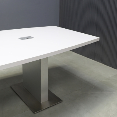 120-inch Newton Boat Shape Conference Table in white gloss laminate top and brushed aluminum laminate custom pedestal base, with two silver MX2 powerboxes, shown here.