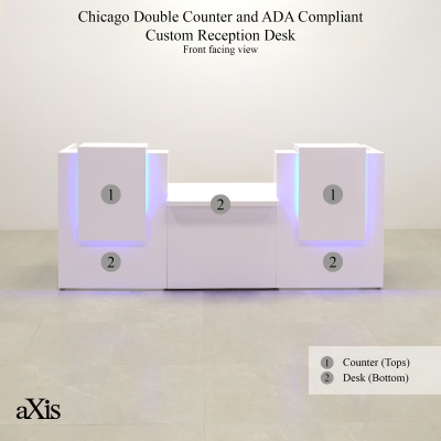 Chicago Double Counter And ADA Compliant Custom Reception Desk in white gloss laminate counters and desk, with multi-colored LED shown here.