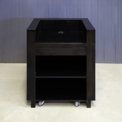 32-inch Dallas U-Shape Podium & Host in black gloss laminate desk and toe-kick, shown here.