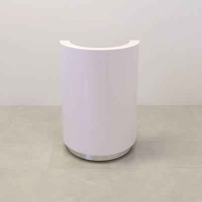 32-inch Lima Round Podium & Host Custom Desk in white gloss laminate desk and brushed aluminum toe-kick, shown here.