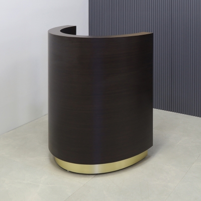 36-inch Lima Round Podium & Host Custom Desk in ebony recon matte laminate desk and gold aluminum toe-kick, shown here.