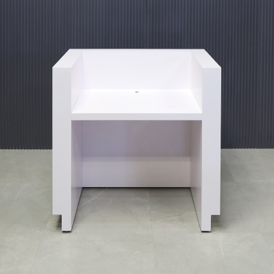36-inch Dallas U-Shape Podium & Host in white matte laminate desk and toe-kick, shown here.