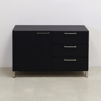48-inch Naples Custom Storage Credenza in black traceless laminate credenza and front drawers & doors, chromed legs, shown here.