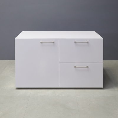 48-inch Naples Custom Storage Credenza in white gloss laminate credenza and front drawers & door, shown here.