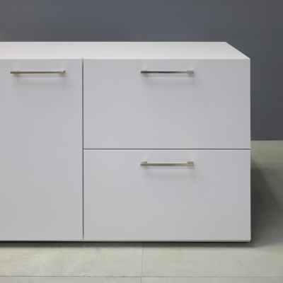 48-inch Naples Custom Storage Credenza in white gloss laminate credenza and front drawers & door, shown here.