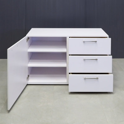 48-inch Naples Custom Storage Credenza in white matte laminate credenza and front drawers & door, shown here.