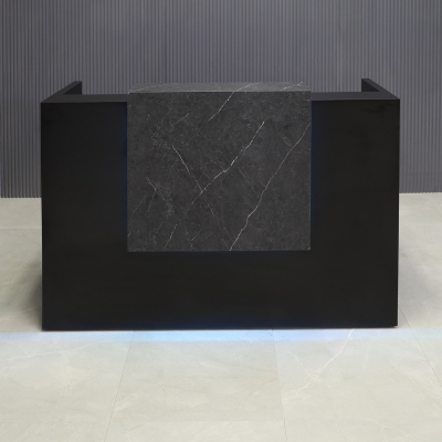 60-inch Chicago Custom Reception Desk in black stone PVC counter and black matte laminate desk, with color LED, shown here.