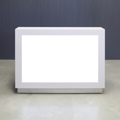 60-inch Vegas Custom Reception Desk in white gloss laminate counter and desk, with white LED, shown here.