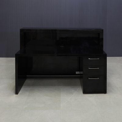 72-inch Vegas Custom Reception Desk in black gloss laminate counter and desk, with multi-colored LED, built-in two pencil drawers and one file cabineton right side while sitting, shown here.