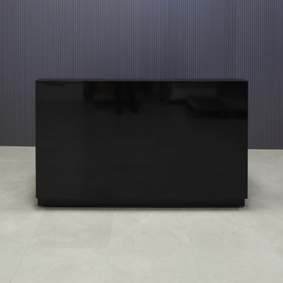 72-inch Dallas Straight Custom Reception Desk in black gloss laminate main desk and toe-kick, shown here.