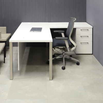 72-inch Dallas L-Shape Executive Desk with return & cabinet on left side when sitting, in dover off-white matte laminate top, cabinet & privacy panel, and brushed aluminum legs, shown here.