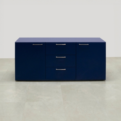 72-inch Naples Custom Storage Credenza in navy blue matte laminate credenza and front drawers & doors, shown here.