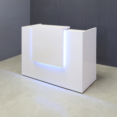 72-inch Chicago Custom Reception Desk in white gloss laminate counter & desk, with color LED, shown here.