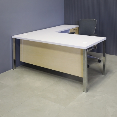 72-inch Dallas L-Shape Executive Desk with return & cabinet on right side when sitting, in white matte laminate top, mpale veneer cabinet & privacy panel and chromed legs, shown here.