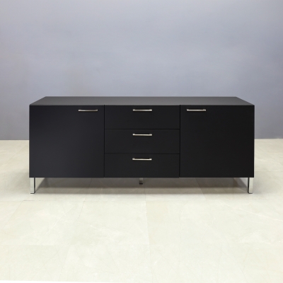 84-inch Naples Custom Storage Credenza in black traceless laminate credenza and front drawers & doors, brushed legs, shown here.