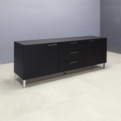 84-inch Naples Custom Storage Credenza in black traceless laminate credenza and front drawers & doors, brushed legs, shown here.