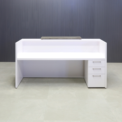 84-inch Chicago Custom Reception Desk in concrete PVC laminate counter and white matte laminate desk, with color LED, shown here.