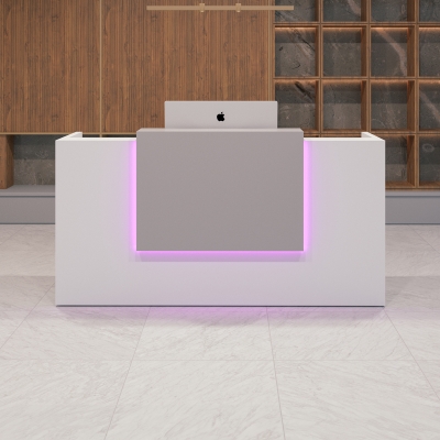 84-inch Chicago Custom Reception Desk in fog gray matte laminate counter and white matte laminate desk, with color LED, shown here.