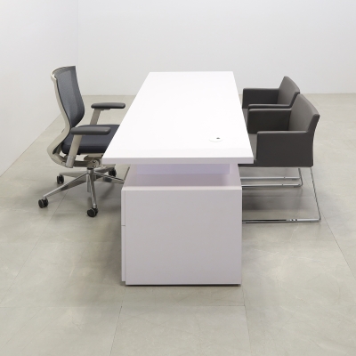 84 inches Avenue Straight Executive Desk In White Gloss Laminate Top and base, with storage shown here.