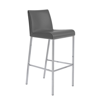 Cam Bar Stool in Gray regenerated leather and polished stainless steel legs and footrest shown here.