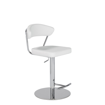 Draco Adjustable Stool in white soft leatherette over foam and back, and chromed steel column, footrest and base shown here.