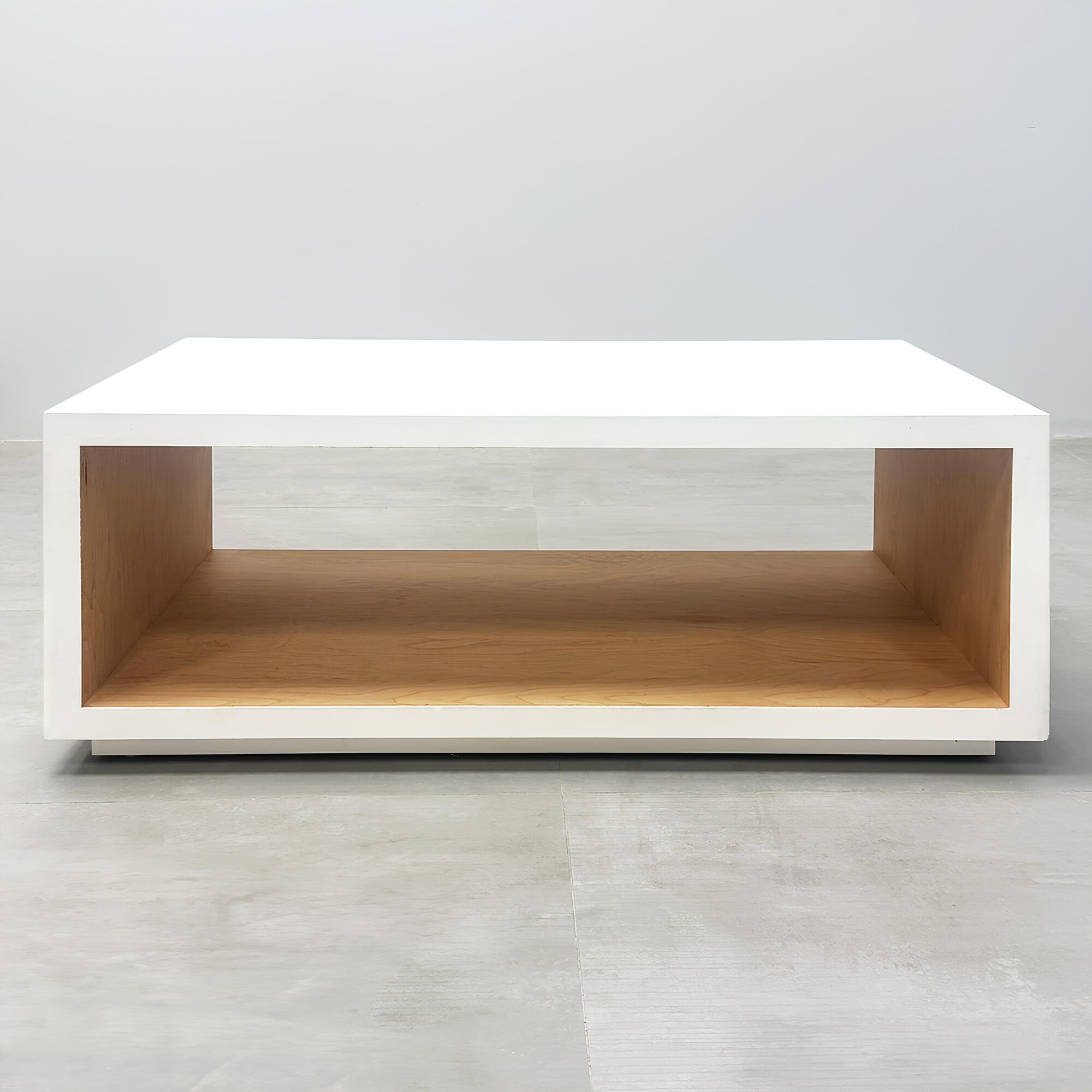 42-inch Albany Rectangular Lobby Table with Dover off-white matte laminate outside & toe-kick, and maple veneer inside.
