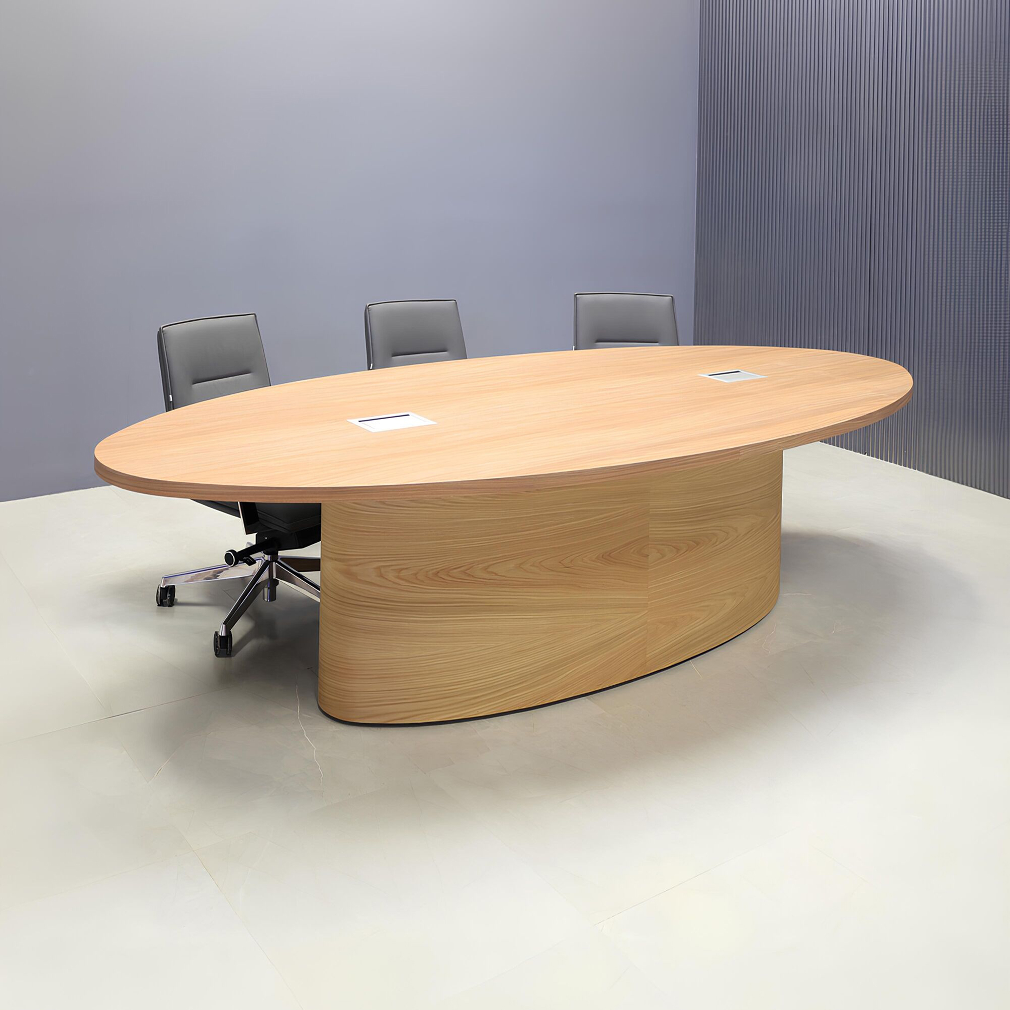 120-inch Newton Oval Conference Table with X2 base, uptown walnut laminate top, white oak veneer base, and two silver Mx3 power boxes.