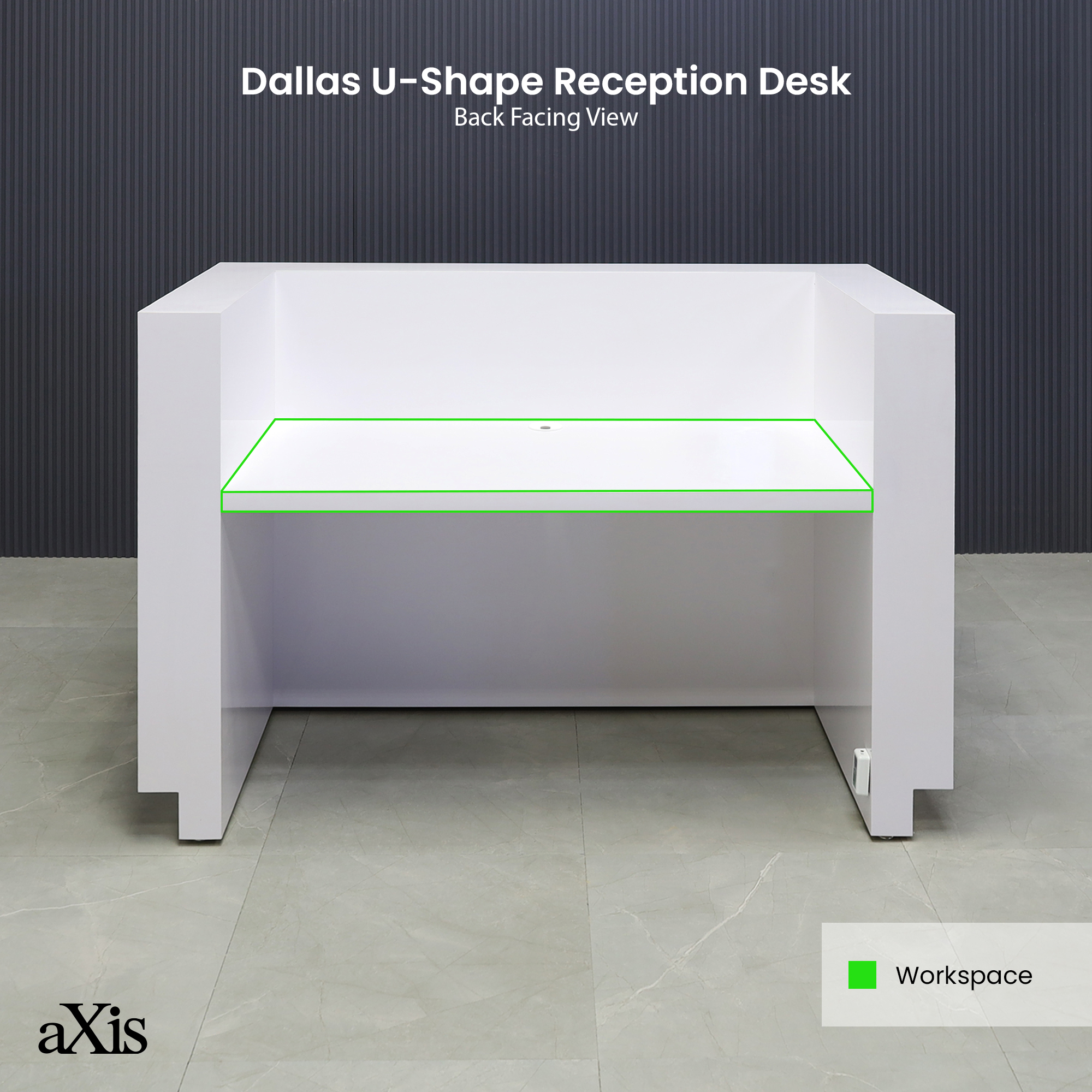 60-inch Dallas U-Shape Reception Desk with White Gloss Laminate desk finish, brushed aluminum toe-kick, and colored LED.