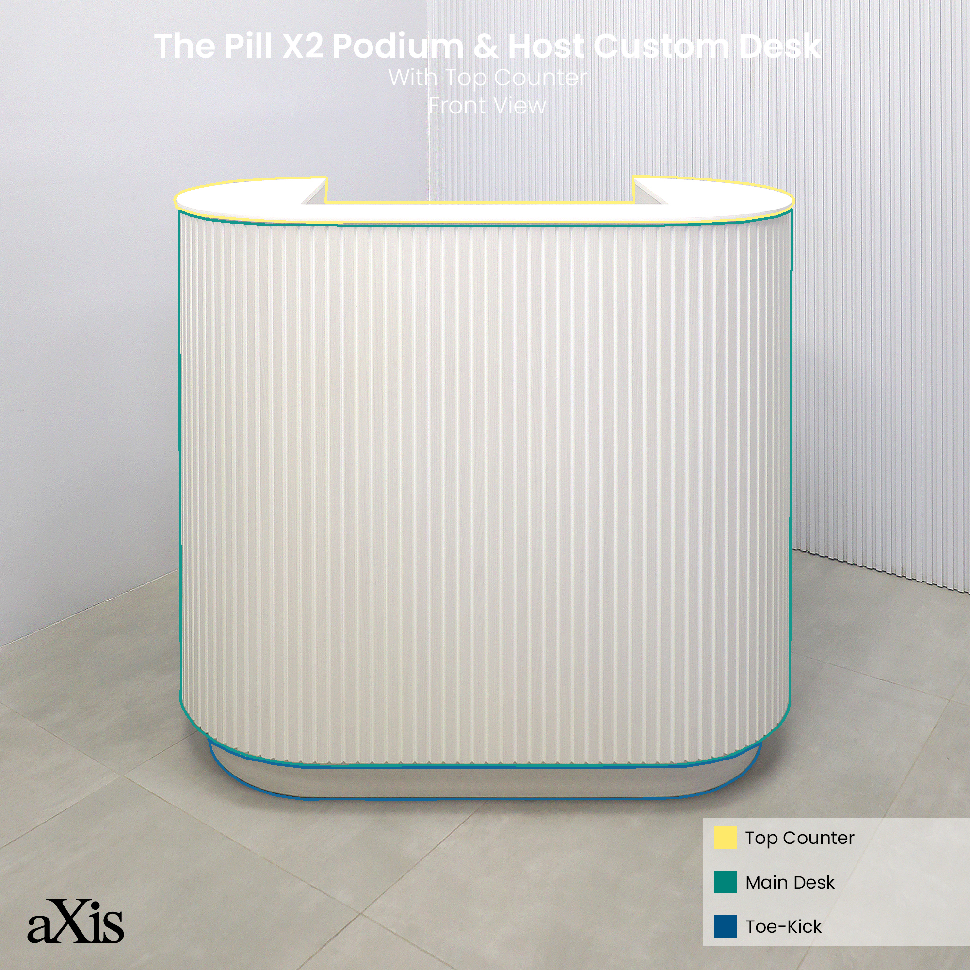 48-inch The Pill X2 Podium & Host Custom Desk White Ash Tambour front, White Solid engineered surface top, White Ash matte laminate workspace and toe-kick. (Explanatory - Front)