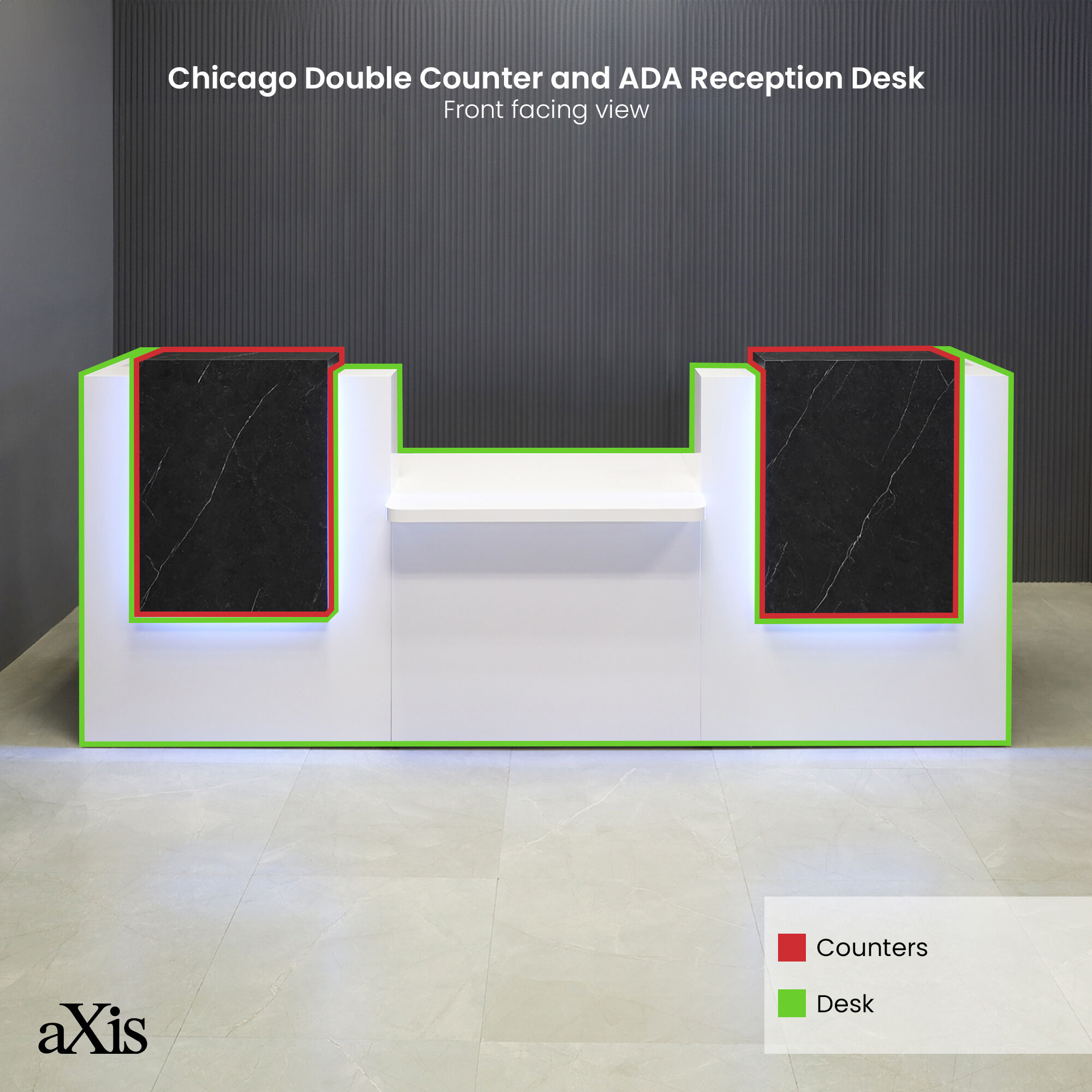 108-inch Chicago Double Counter and ADA Compliant Custom Reception Desk in black stone PVC counters, white gloss laminate desks, and color changing LED.