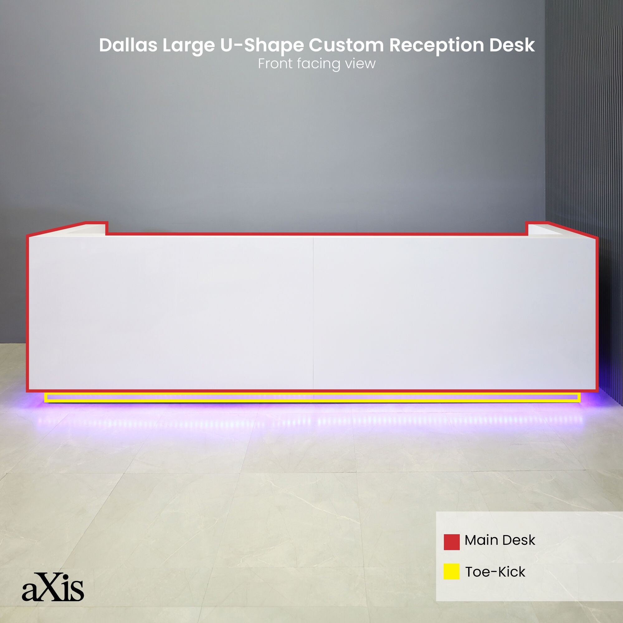 144-inch Dallas Large U-Shape Custom Reception Desk in white gloss laminate main desk, brushed aluminum toe-kick, and color changing LED.