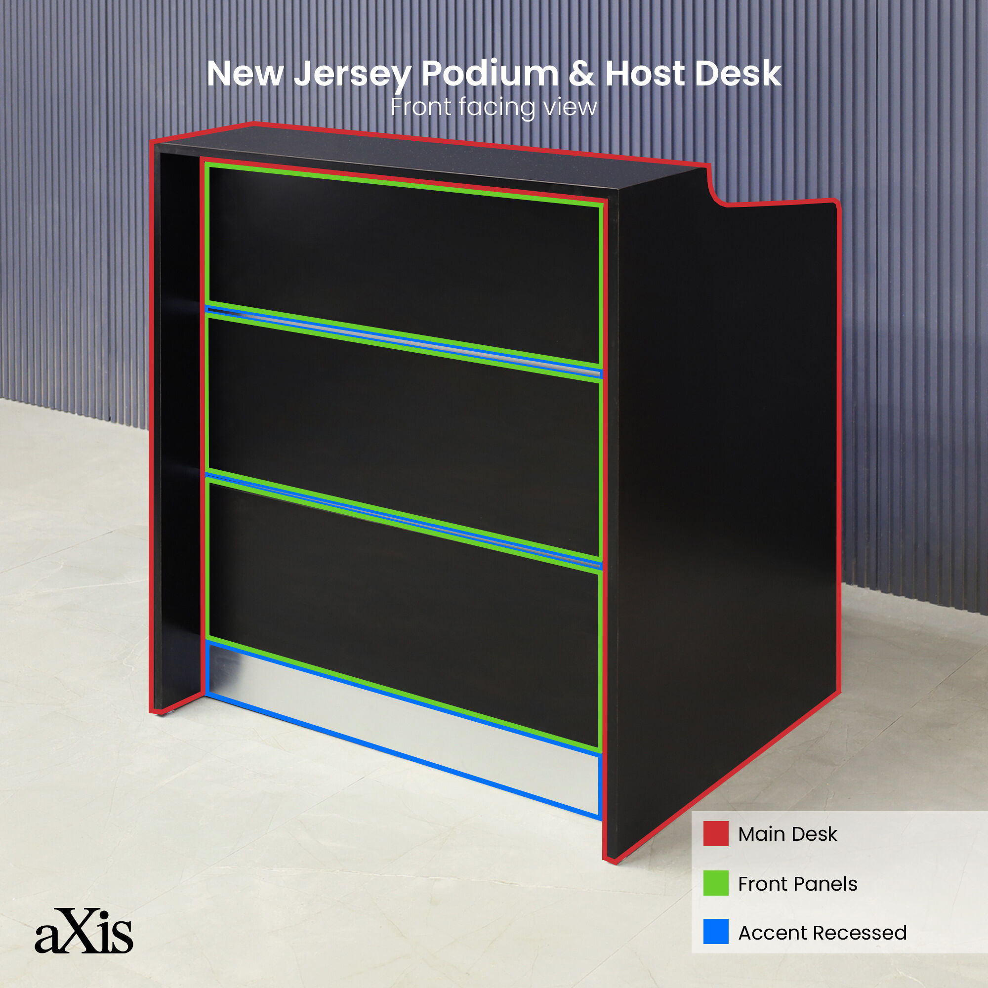 36-inch New Jersey Podium & Host Custom Reception Desk in black matte laminate main desk & front panels, and brushed aluminum accent & toe-kick.