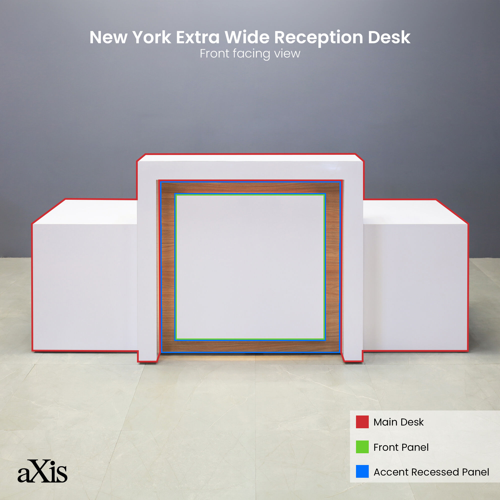 96-inch New York Extra Wide in white gloss laminate main desk & front panel, uptown walnut (discontinued) matte laminate accent recessed, and color changing LED.