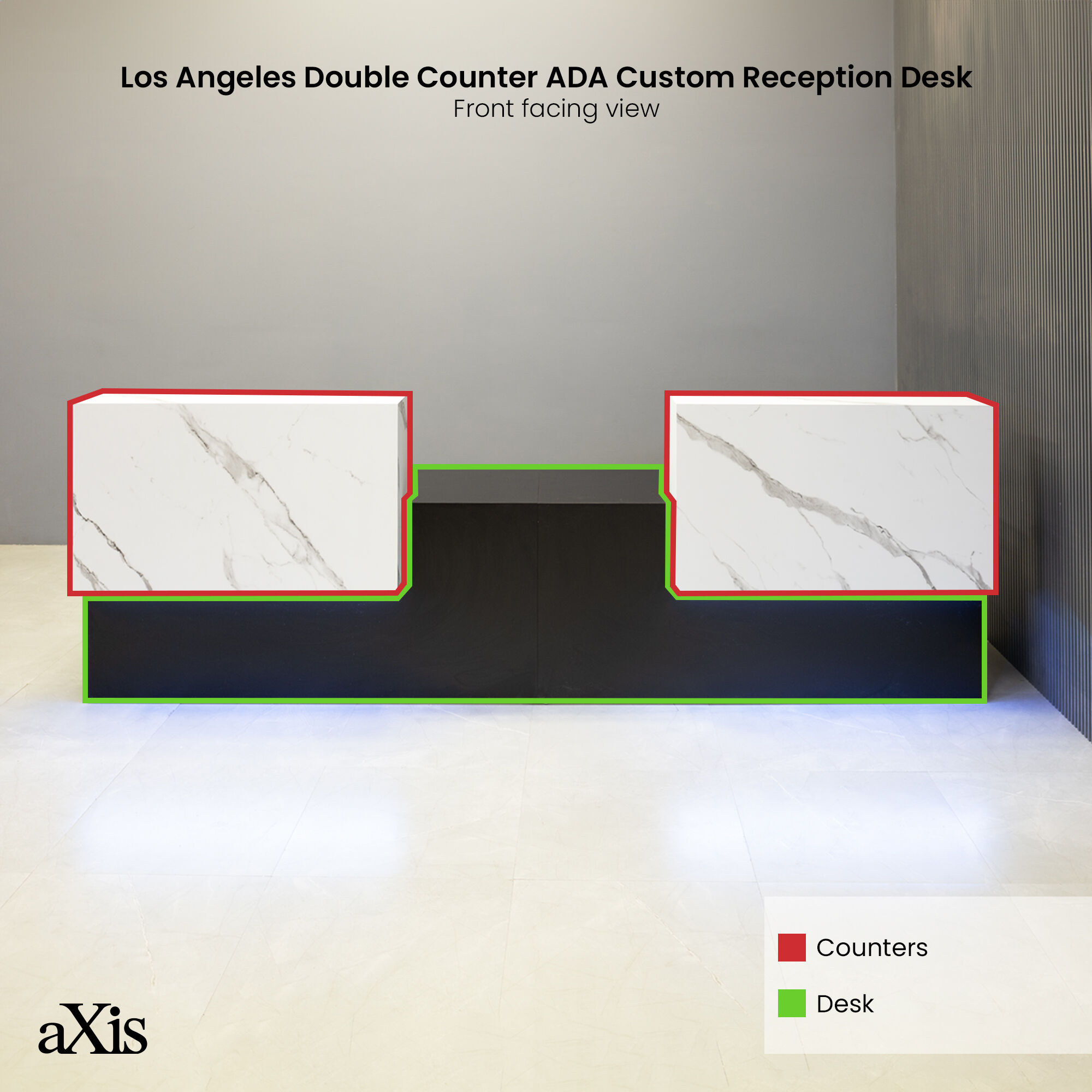 120-inch Los Angeles Double Counter ADA Compliant Custom Reception Desk in calcutta stone pvc counters, black matte laminate desks, and color changing LED.
