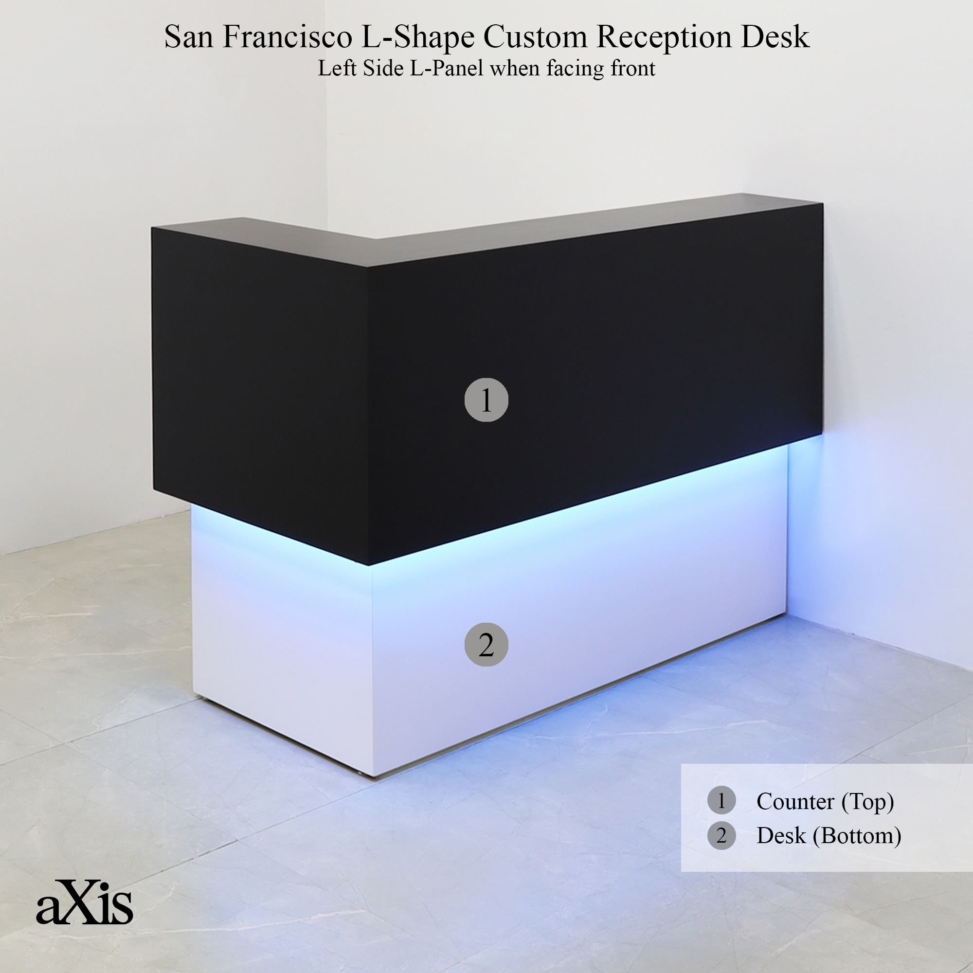 60-inch San Francisco L-Shape Reception Desk, left l-panel side when facing front in black matte laminate counter and white matte laminate desk, with color LED, shown here.