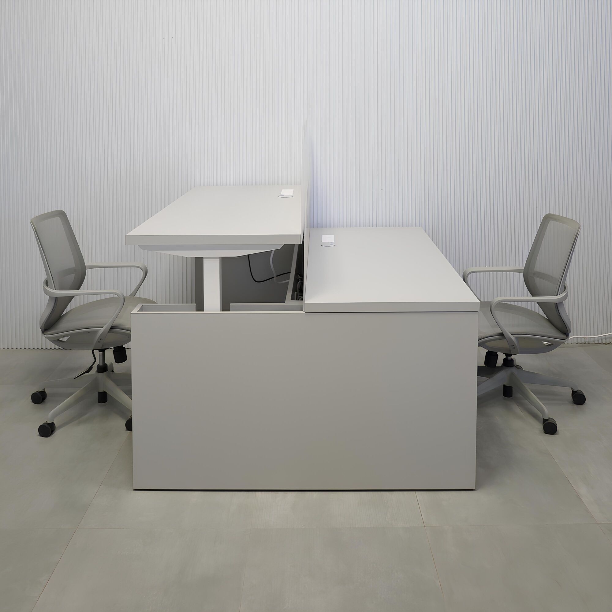 57 1/4" Nashville Sit-Stand Workstation with Folkstone Matte laminate top, Folkstone Matte laminate base, and 1/4" Frosted  Acrylic partition.