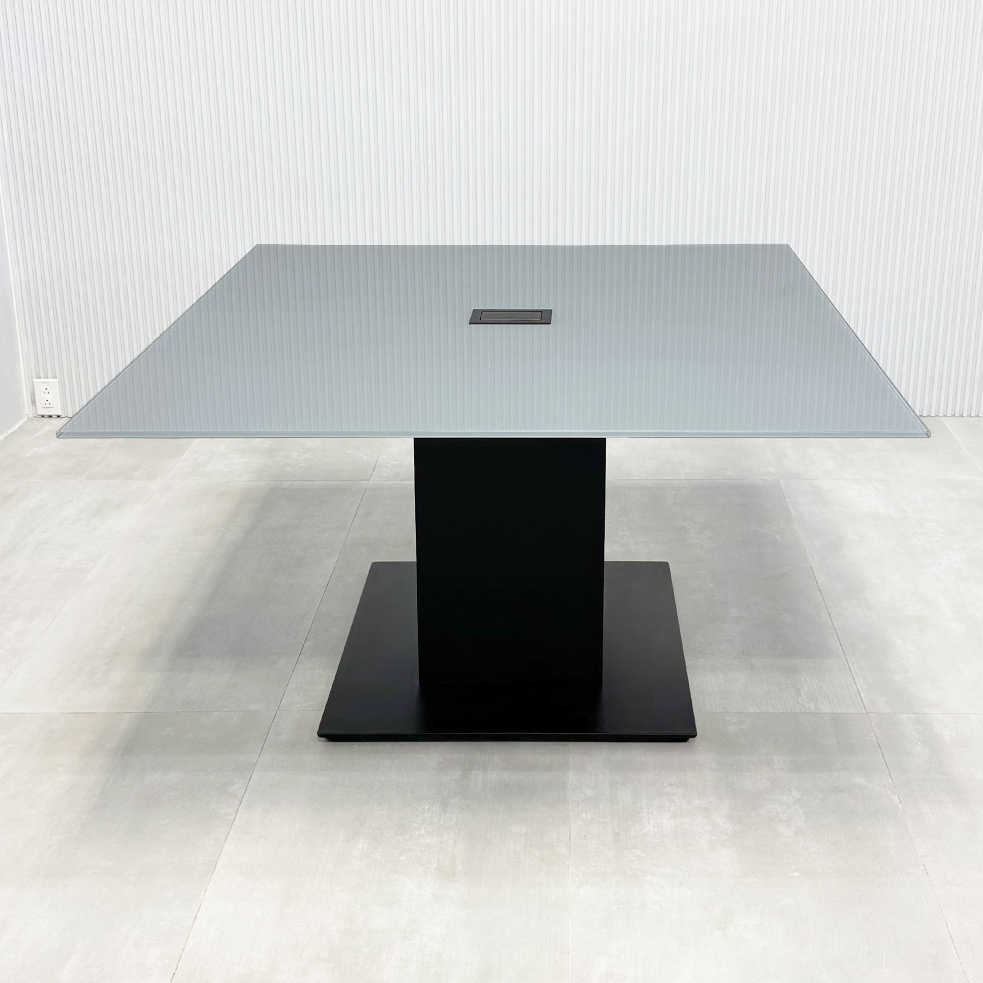 54-inch Omaha Square Conference Table and X3 Base with Medium Gray tempered glass top, Black Traceless laminate pedestal, Black powder coated base, and Mx2 in Black power box.