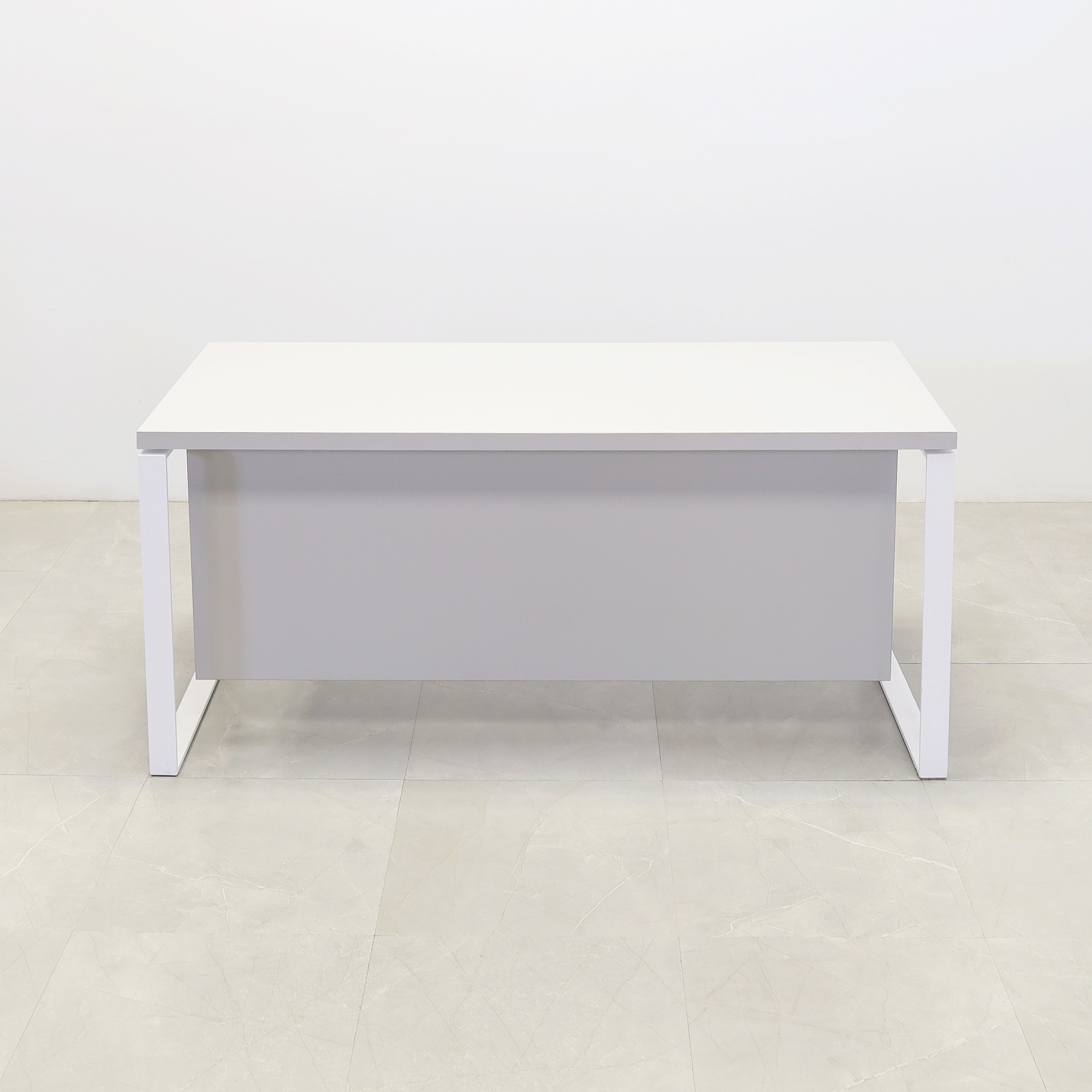 Aspen Straight Executive Desk With Laminate Top in folkstone gray matte laminate top and privacy panel, and white metal legs shown here.