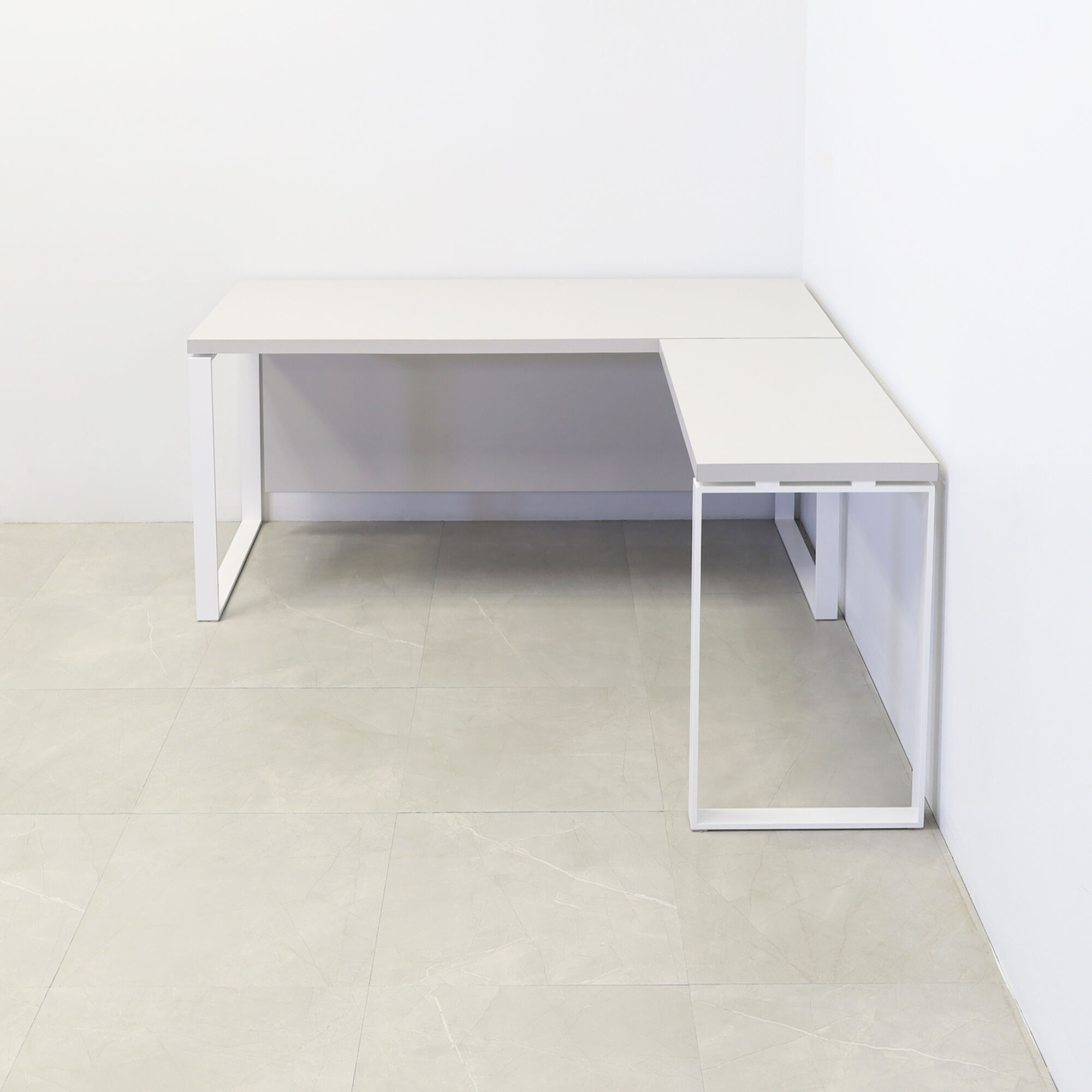 60-inch Aspen Executive Desk with light gray matte laminate top, light gray matte laminate credenza & base, and white metal legs.