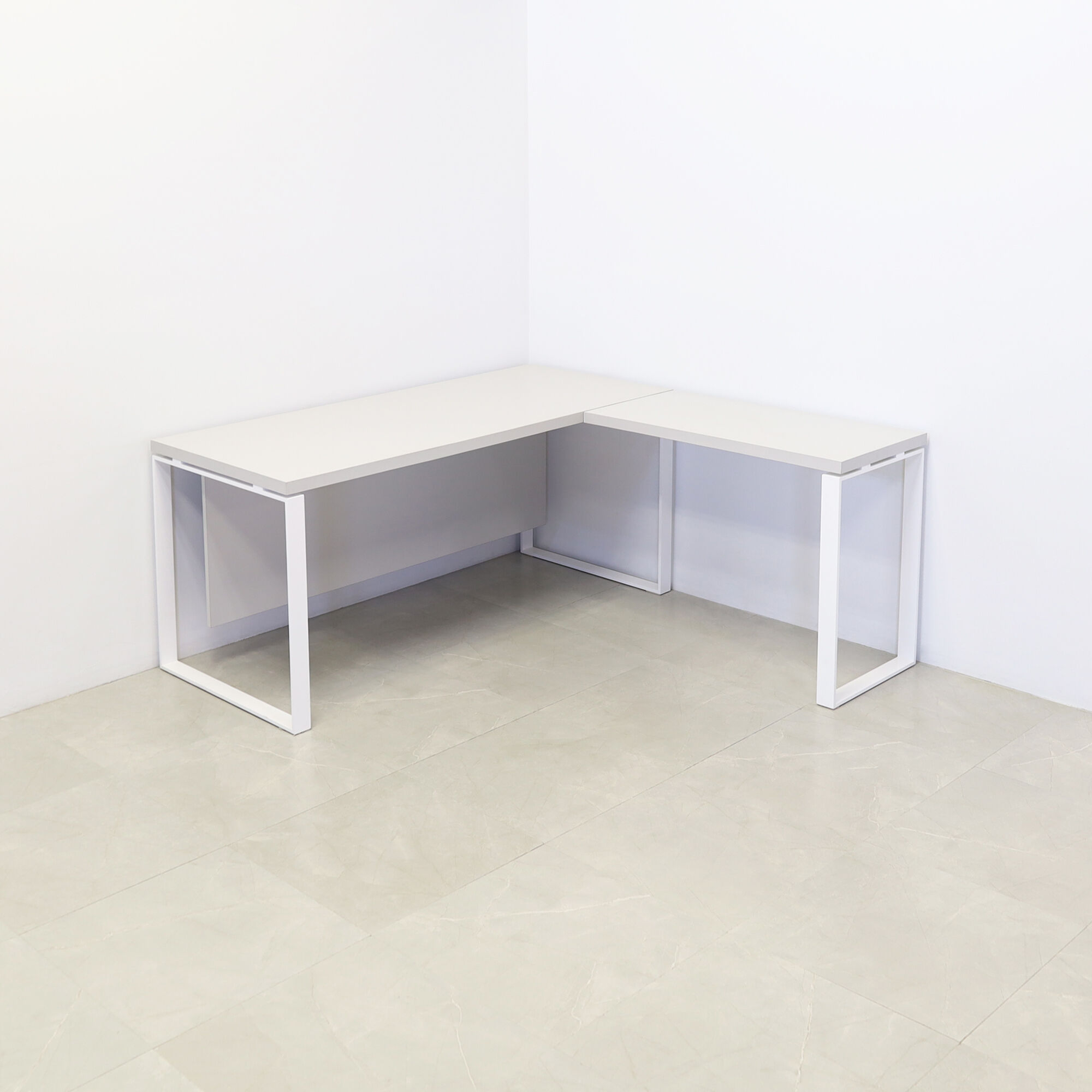 60-inch Aspen Executive Desk with light gray matte laminate top, light gray matte laminate credenza & base, and white metal legs.
