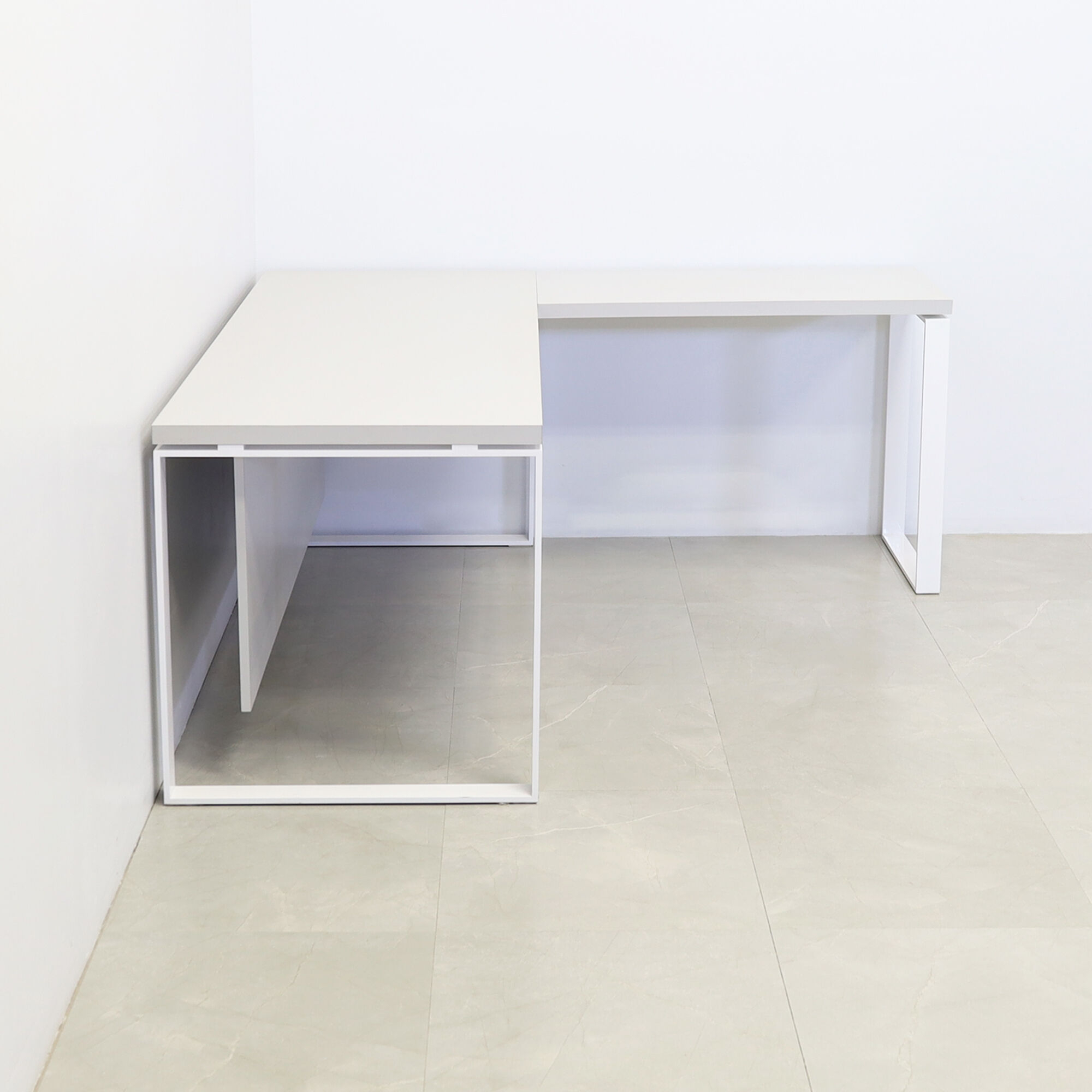 60-inch Aspen Executive Desk with light gray matte laminate top, light gray matte laminate credenza & base, and white metal legs.