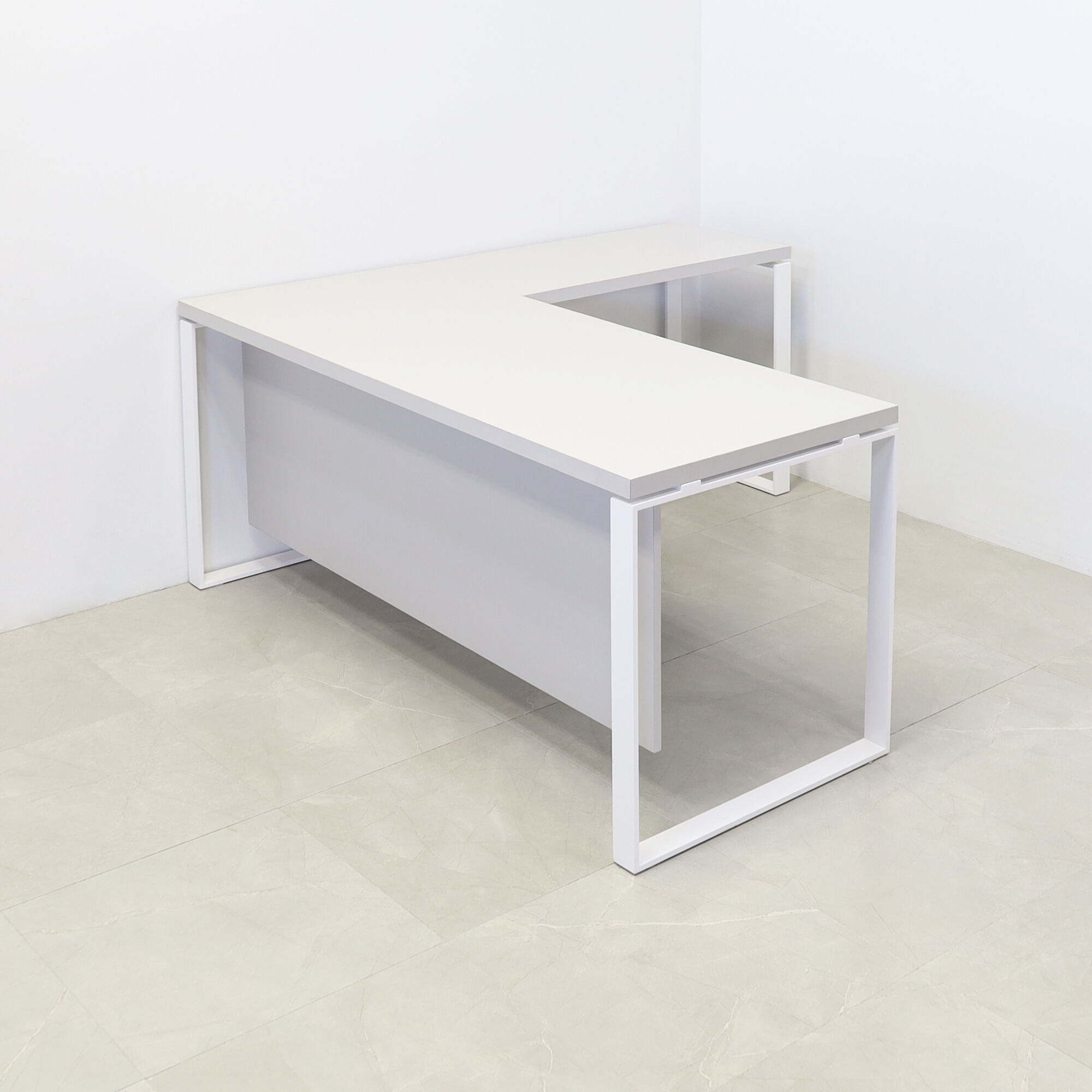 60-inch Aspen Executive Desk with light gray matte laminate top, light gray matte laminate credenza & base, and white metal legs.