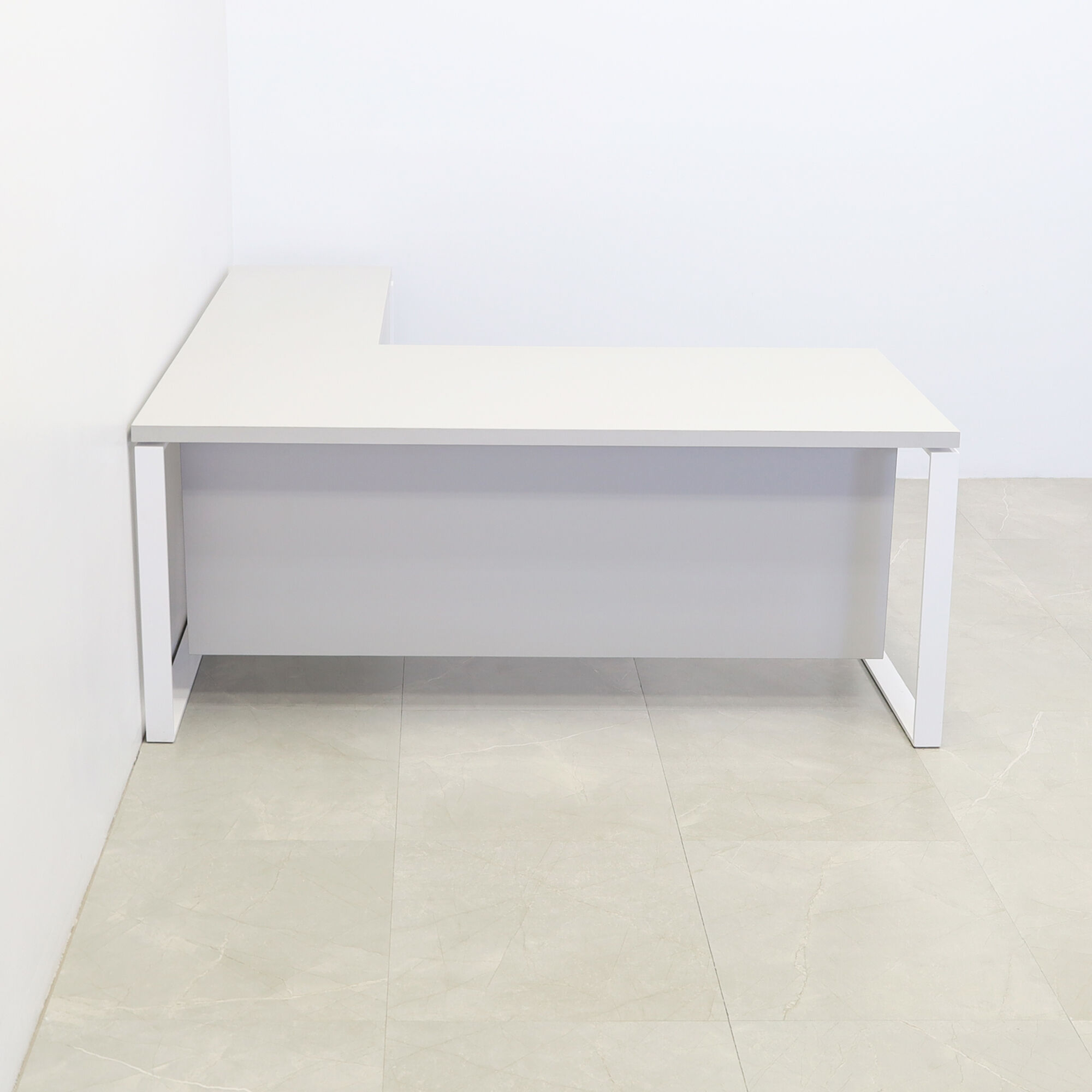60-inch Aspen Executive Desk with light gray matte laminate top, light gray matte laminate credenza & base, and white metal legs.