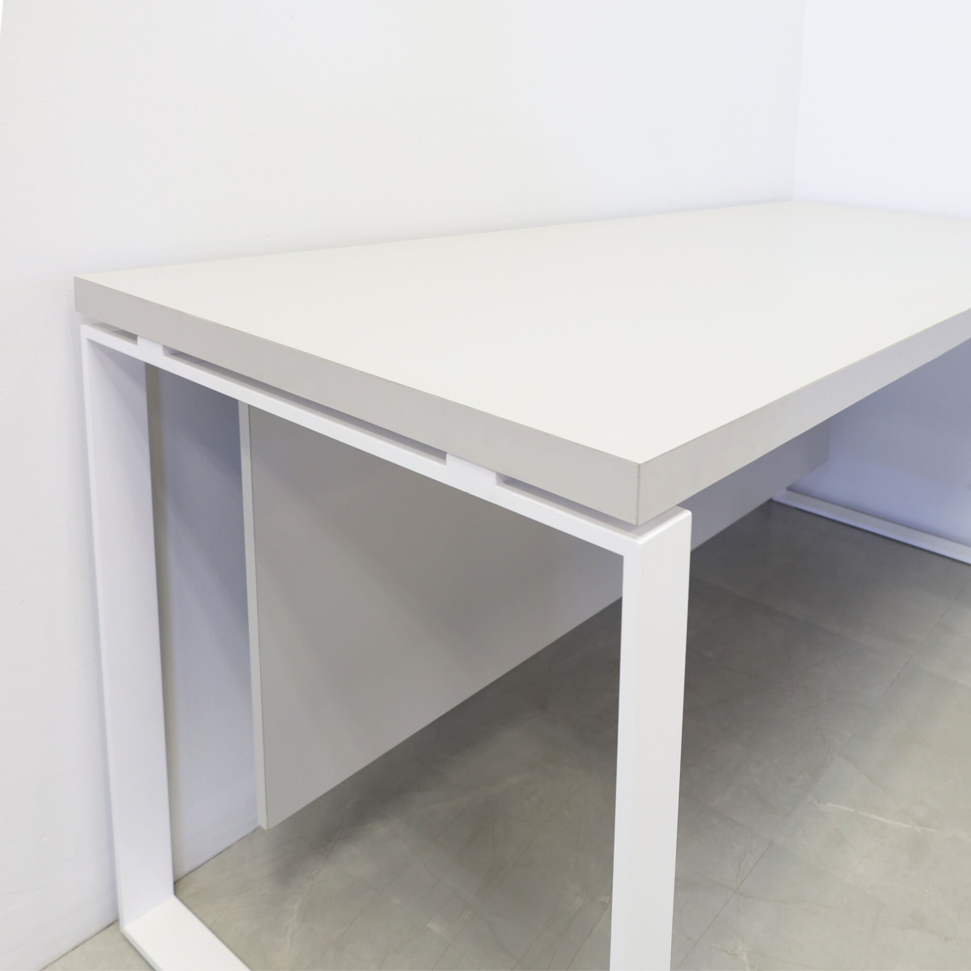 60-inch Aspen Executive Desk with light gray matte laminate top, light gray matte laminate credenza & base, and white metal legs.