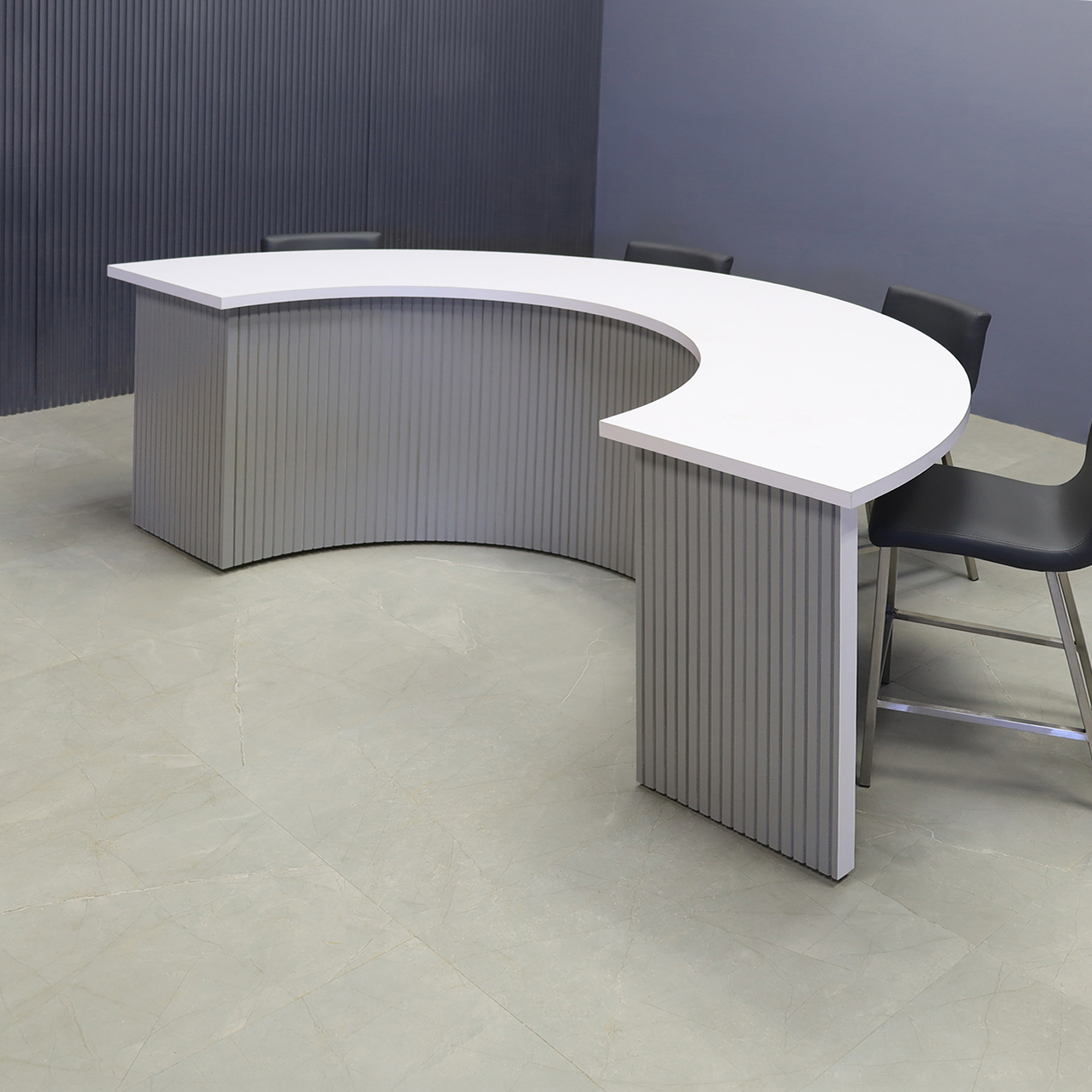 90-inch Handmade Custom Modern Podcast Table Half Moon in white matte laminate top & back base, and fog gray tambour front base.